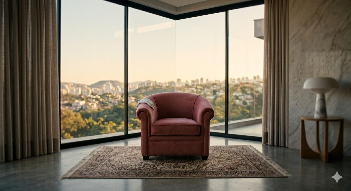 Poltrona de veludo rosé em ambiente de alto padrão com vista para o skyline de Belo Horizonte